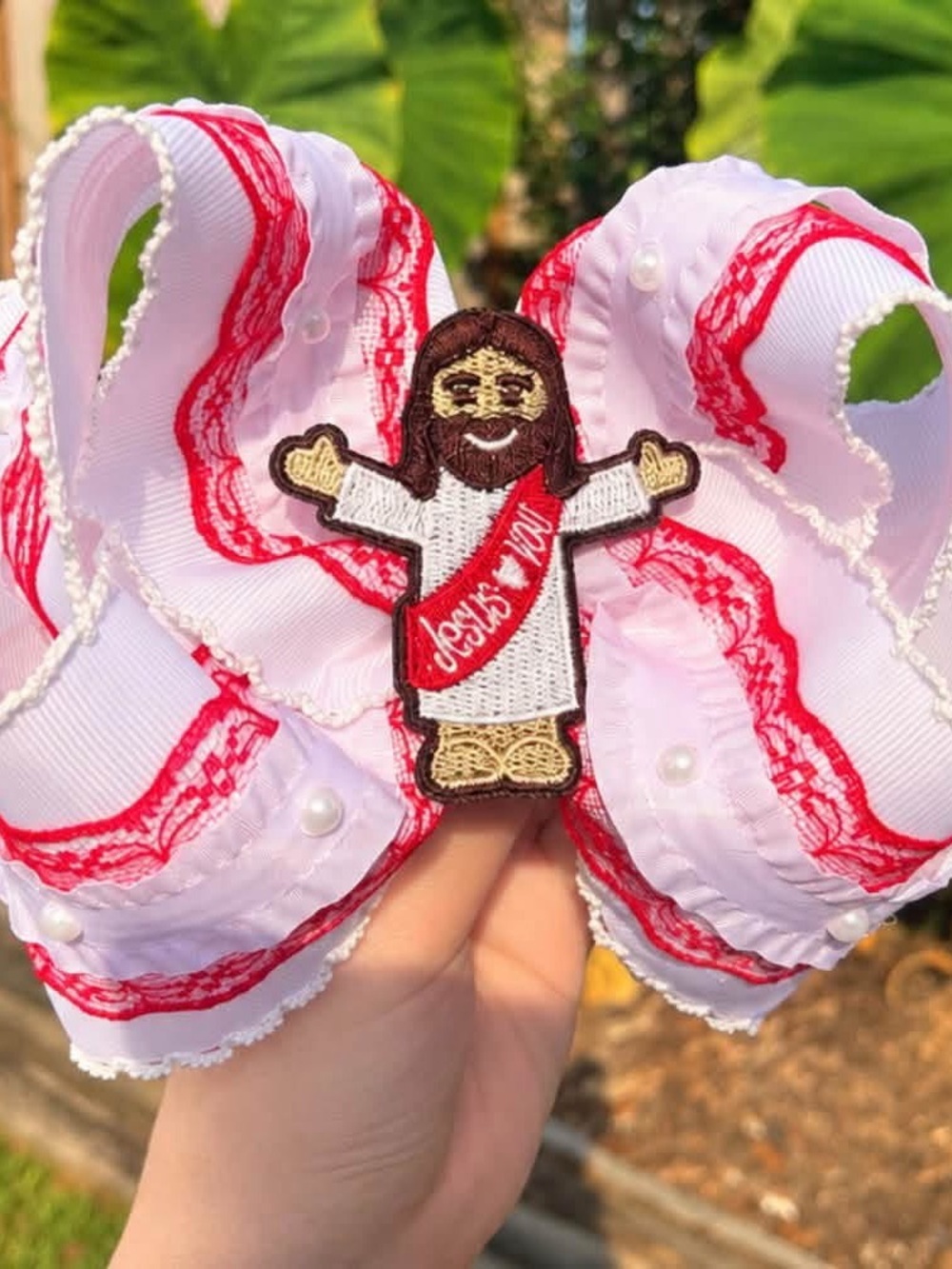 Handmade Jesus hair bow - red & white - lace Christian Bowtique bow